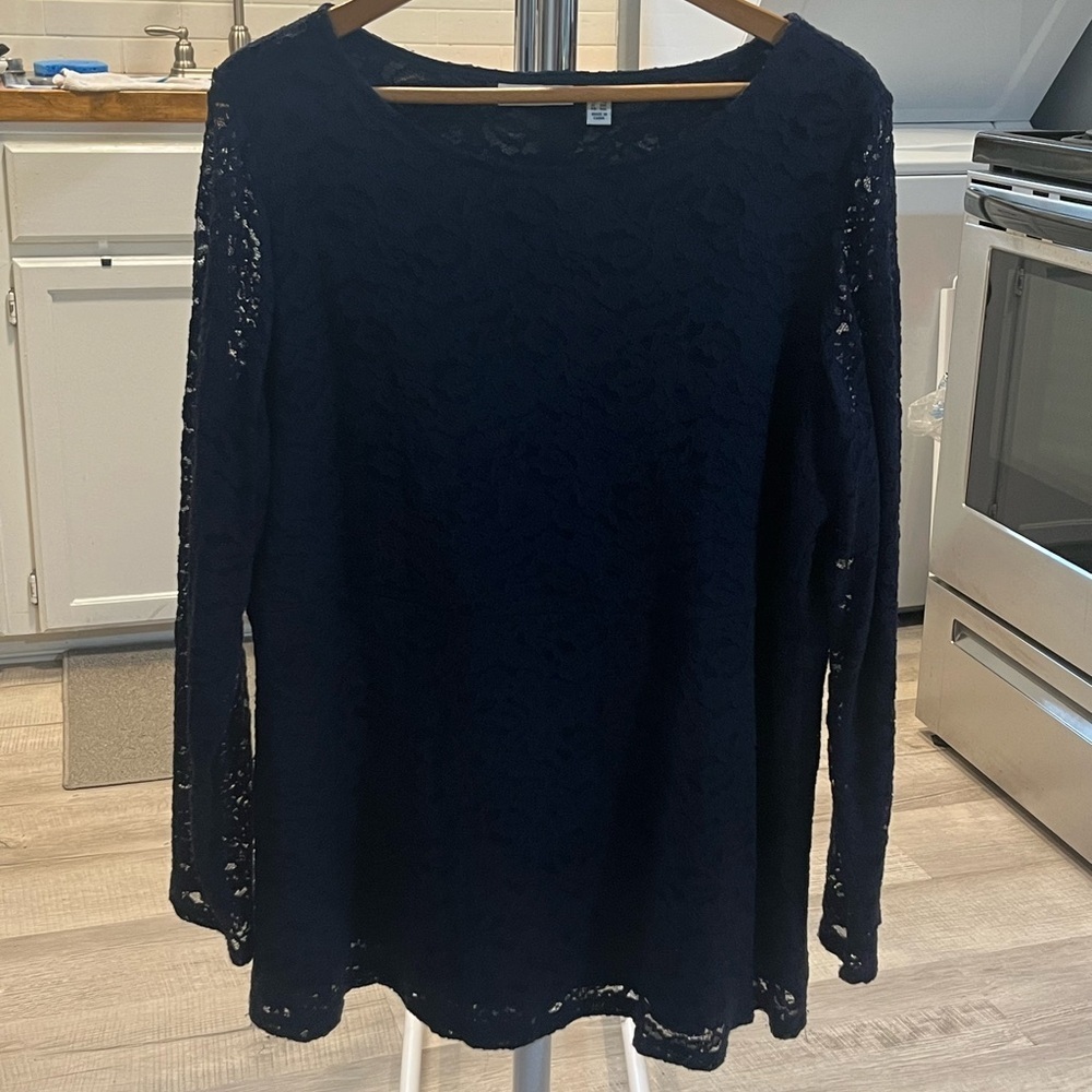 Susan Graver Women’s Plus Size 1X Navy Lace Lined Long Sleeve Blouse - Picture 2 of 8